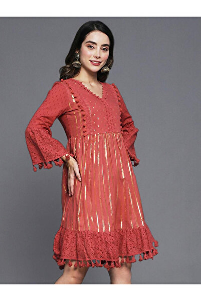 Ishin By Styli Tassel Trim Lace Insert Mini Dress