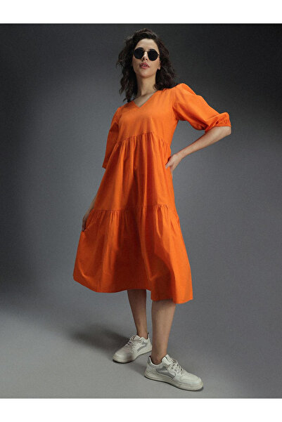 High Star By Styli Orange Tiered Midi Dress with 3/4 Sleeves