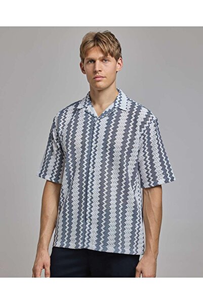 R&B Patterned Shirt with Revere Collar and Short Sleeves