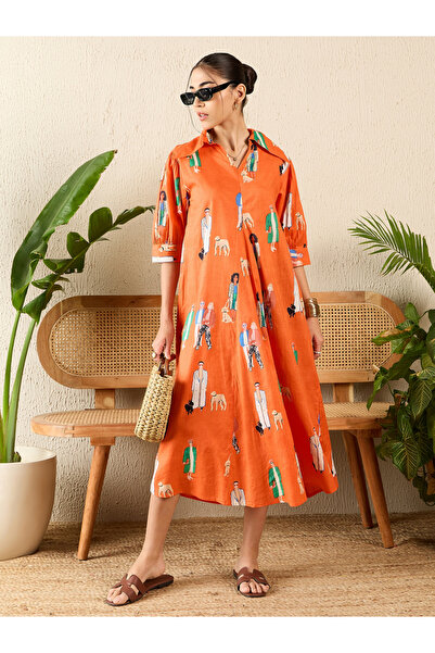Uptownie By Styli Orange Front Pleated Cotton Midi Dress