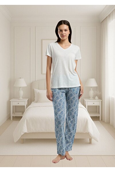 The Clover Women's V-Neck Patterned Pajama Set Thc0L9Vr32Arn