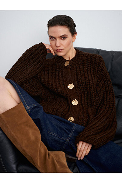 Dilvin 60960 Pocket Detailed Knitted Sweater Cardigan-Dark Brown