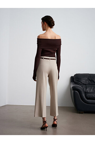 Dilvin 71276 Side Zippered Belted Fabric Trousers-Stone