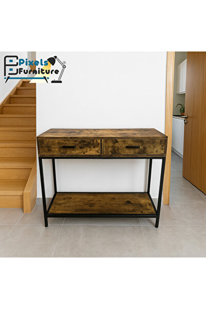 PixelsFurniture Pixel Furniture entry table, console with two drawers and a lower shelf, with a wooden top and versatile metal edges.