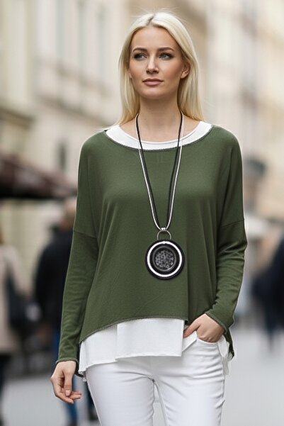 Chiccy Khaki Pool Collar Long Sleeve Slim Two-Piece Set with Necklace Casual Ov Oversized Riko Blouse 70 74