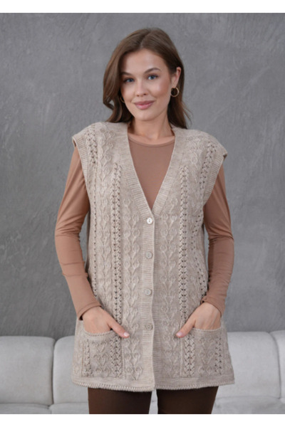 Stilmony Women's Knitwear Lace-Like Knit Mother's Wool Vest with Pocket Detail