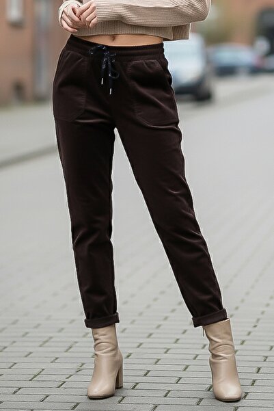 Chiccy Brown Pocketed Elastic and Tie-Waist Jogger Leg Casual Velvet Woven Trousers 100 60