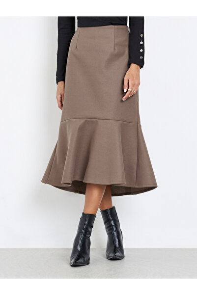Styli Women Brown Plain Wool Like Midi Fit and Flare Skirt