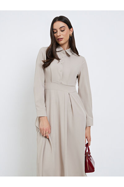 Styli Beige Shirt A-Line Midi Dress
