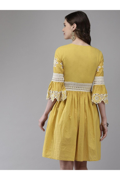 Ishin By Styli Mustard Schiffli Embroidered Knee Length Dress