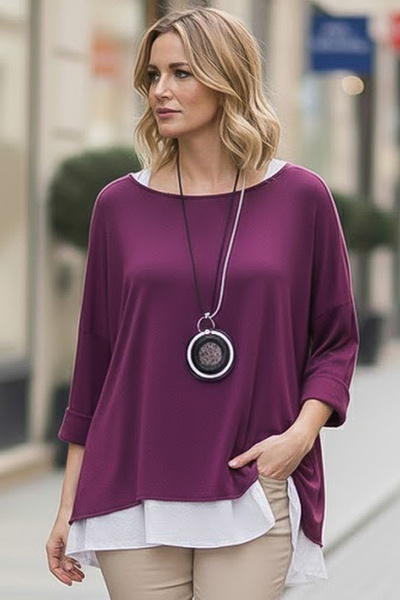 Chiccy Plum Color Pool Collar Long Sleeve Slim Two-Piece Set with Necklace Casual Ov Oversized Riko Blouse 70 74