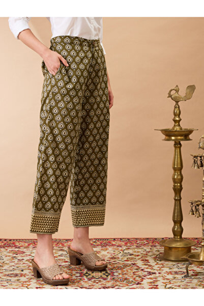 Globus By Styli Olive Ethnic Print Mid-Rise Straight Fit Trousers