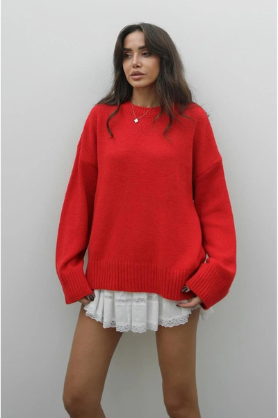 My Blog Red Crew Neck Solid Color Sweater - 2217