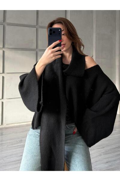 Coral Şal Detaylı Kazak 4596 Siyah