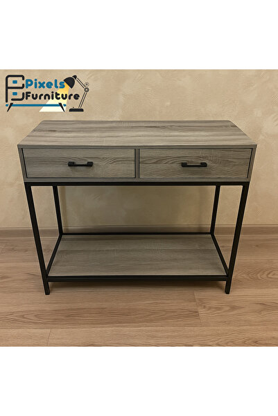 PixelsFurniture Pixel Furniture entry table, console with two drawers and a lower shelf, with a wooden top and versatile metal edges.