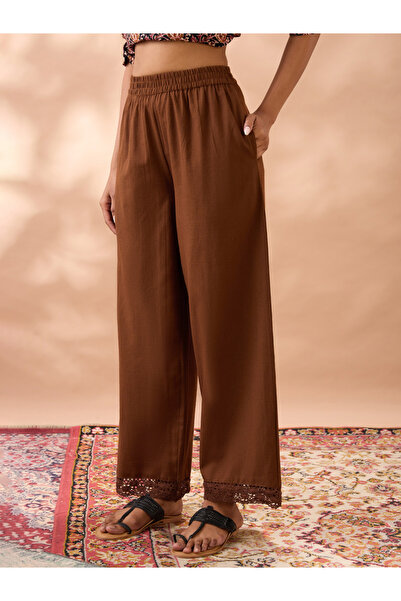 Globus By Styli Brown Solid High Rise Lace Hem Wide Leg Pants