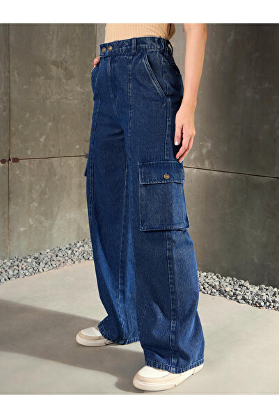 Sassafras By Styli Women Blue High Rise Double Button Cargo Jeans