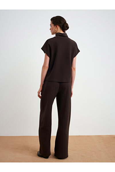 Dilvin 71927 Elastic Waistband Stitching Detail Loose Sweatpants-Dark Brown