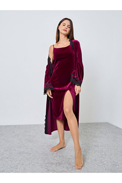 Styli Pack of 2 - Velvet Contrast Strap Slip Dress and Lace Trim Robe