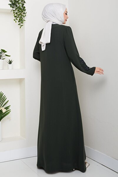 hafsamina Leather Embroidered Ferace Khaki Hm2849