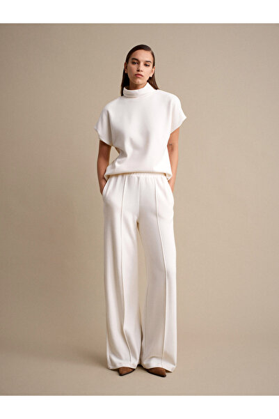 Dilvin 71927 Elastic Waistband Stitching Detail Loose Sweatpants-Ecru