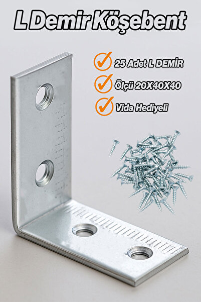 Badem10 Metal L Demiri 20x40x40 mm (25 ADET) Raf Köşe Sabitleme Aparatı Mobil...