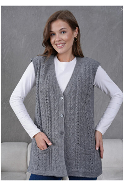Stilmony Women's Knitwear Lace-Like Knit Mother's Wool Vest with Pocket Detail