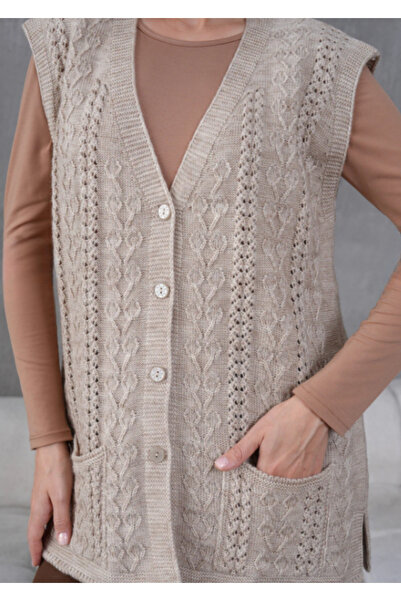 Stilmony Women's Knitwear Lace-Like Knit Mother's Wool Vest with Pocket Detail
