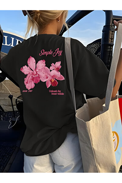 Printiva Tricou negru Zenrova unisex oversize SIMPLE JOY FLOWER din bumbac im...
