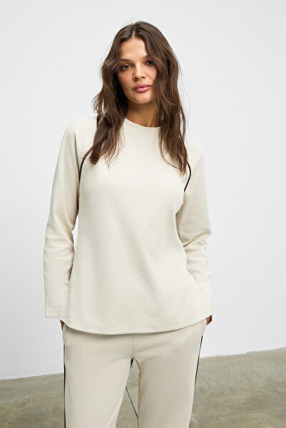 ETHIQUET Elsbeth Women's Crew Neck Slit Raglan Sleeves Oversized Elastic Waist Tube Leg Beige Top and Bottom Set