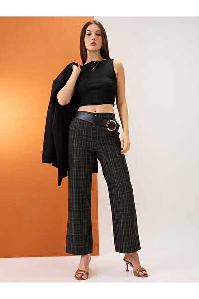 Globus By Styli Black Plaid Checks Straight Fit Trousers
