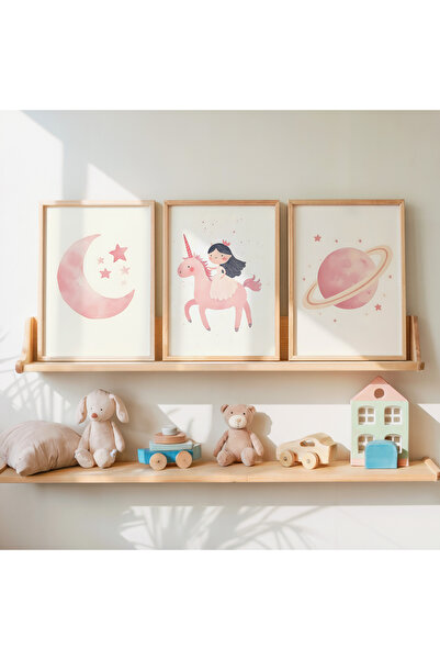 İkona Design Studio Çocuk Odası Unicorn Kız Ahşap Çerçeveli 3'lü Poster Tablo...