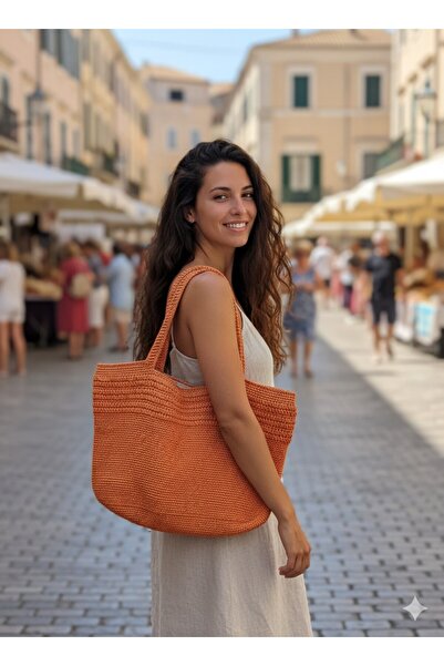 Artepieza co. Handmade Turuncu Kağıt İp Yazlık Büyük Boy Çanta 56*32 cm - El ...