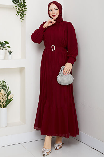 modapark.ist Women's Belt Detailed Chiffon Evening Dress