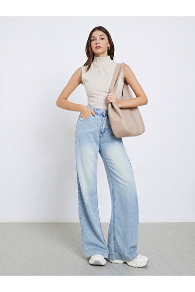 Styli بنطلون جينز نسائي أزرق باهت بخصر عالٍ أرجل واسعة