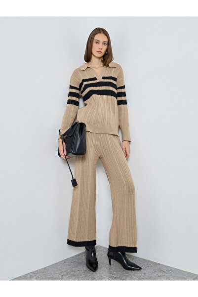 Styli Women Beige Textured Knit Wide Leg Pants with Contrast Trim