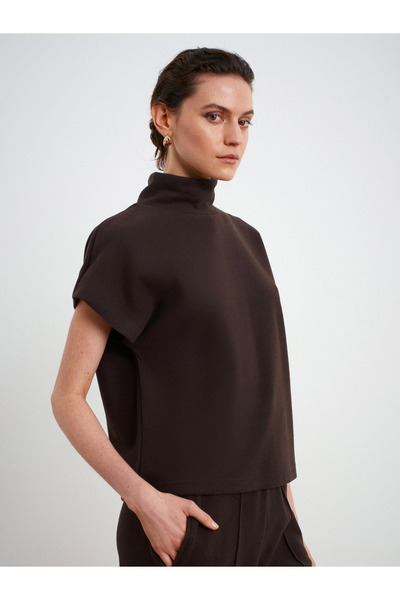 Dilvin 32148 Mock Neck Knitted Top-Dark Brown