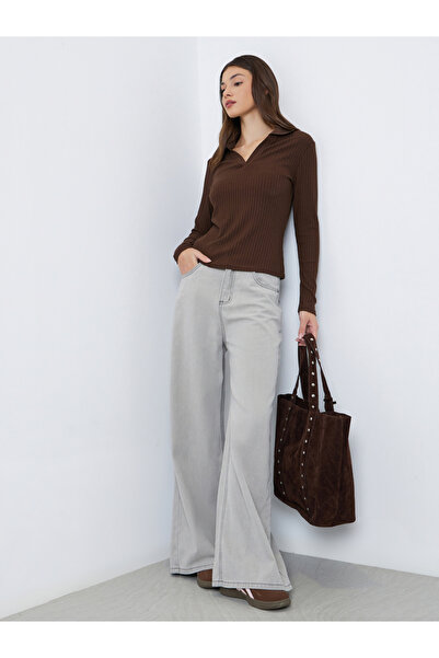 Styli بنطال جينز رمادي متوسط ​​الارتفاع أرجل واسعة