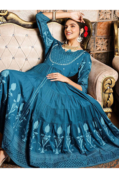 Ishin By Styli Teal Self-Design Tiered Midi Dress