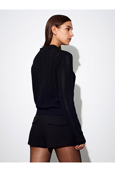 Dilvin 10827 Polo Neck Slim Knit Blouse-Black