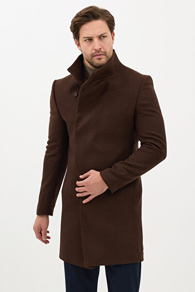 Frappoli Pagano Men's Brown Shawl Collar Slim Fit Cashmere Coat