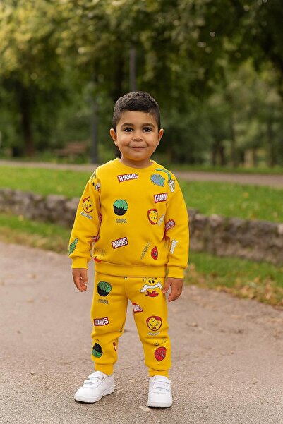 RAPAPA Baby Boy Emoji Patterned Fleece-Lined Tracksuit Set (Sweatshirt + Bottom)-Yellow-06121