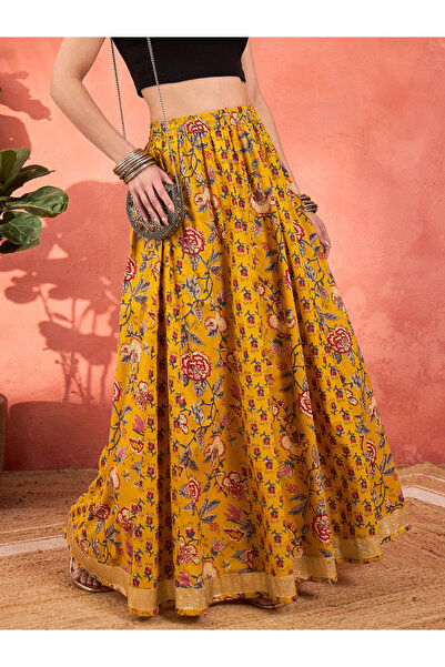 Sassafras By Styli Mustard Floral Elasticated Anarkali Skirt
