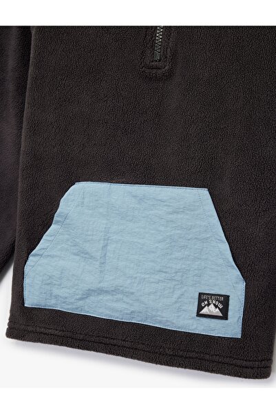 Koton Mock Neck Half Zippered Kangaroo Pocket Fleece Sweatshirt