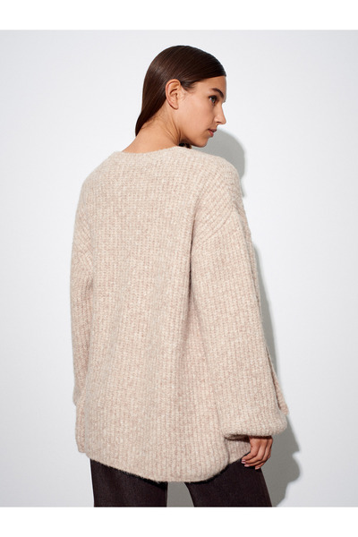 Dilvin 60991 Soft Textured Flowy Knit Cardigan-Beige Melange