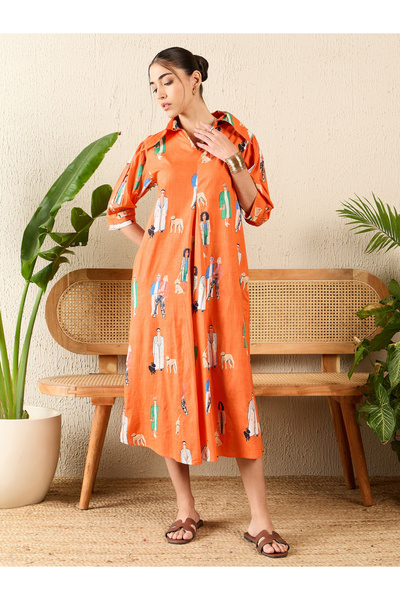 Uptownie By Styli Orange Front Pleated Cotton Midi Dress