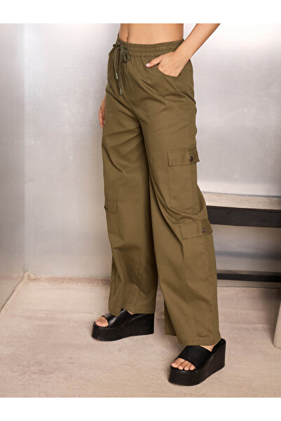 Sassafras By Styli Women Olive Solid Twill Drawstring Cargo Pants