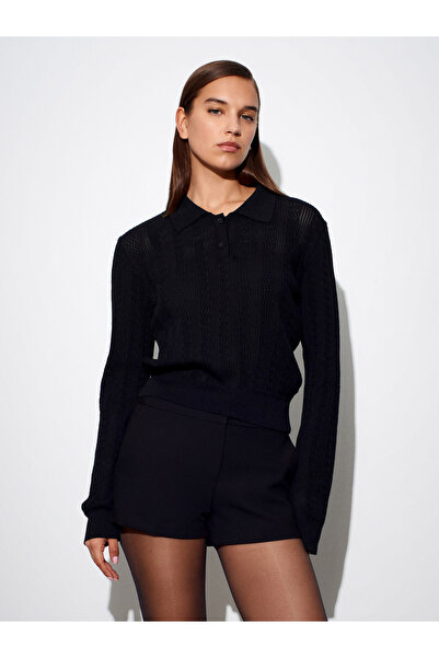Dilvin 10827 Polo Neck Slim Knit Blouse-Black