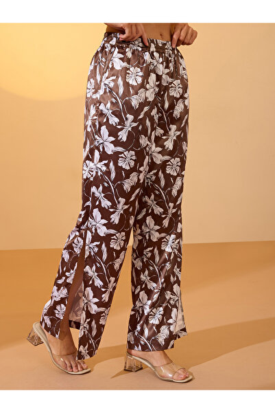 Globus By Styli Brown Floral Print Satin Wide Leg Trousers