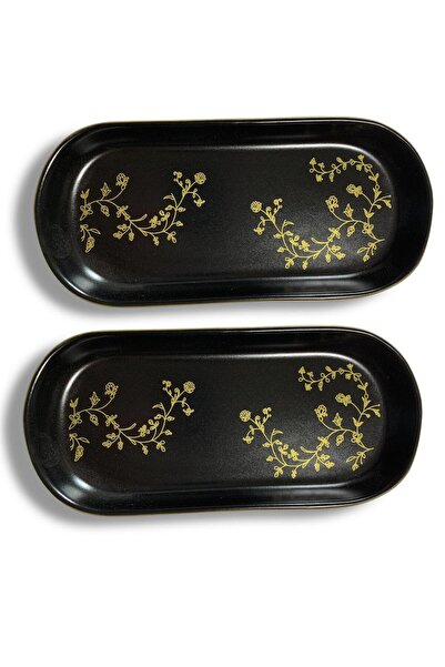 Keramika Matte Black Gold Decorated Net Noyan Boat Plate 26 cm 2 Pieces